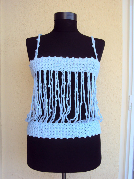 Crochet Tank Top Halter Top Blue Shiny Cotton Yarn Swimwear Beachwear ...