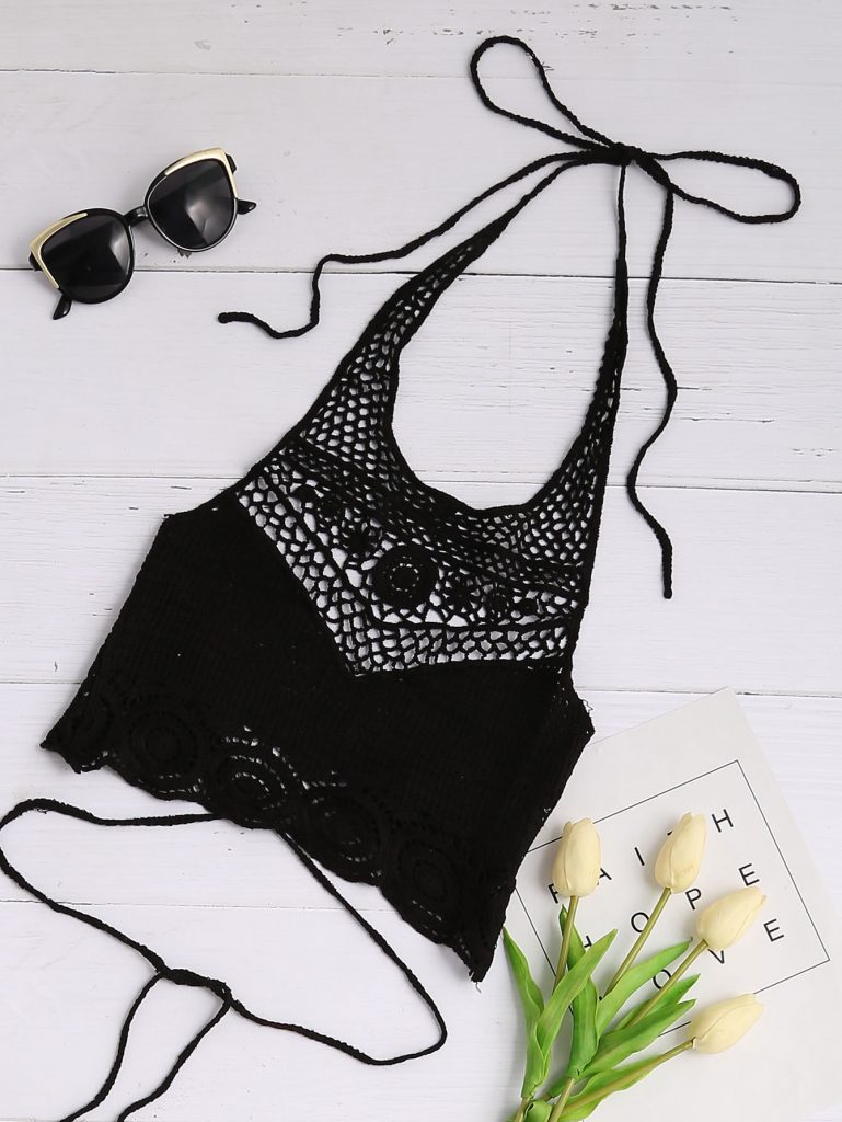 Black Hollow Out Crochet Tie Detail Crop Halter Top