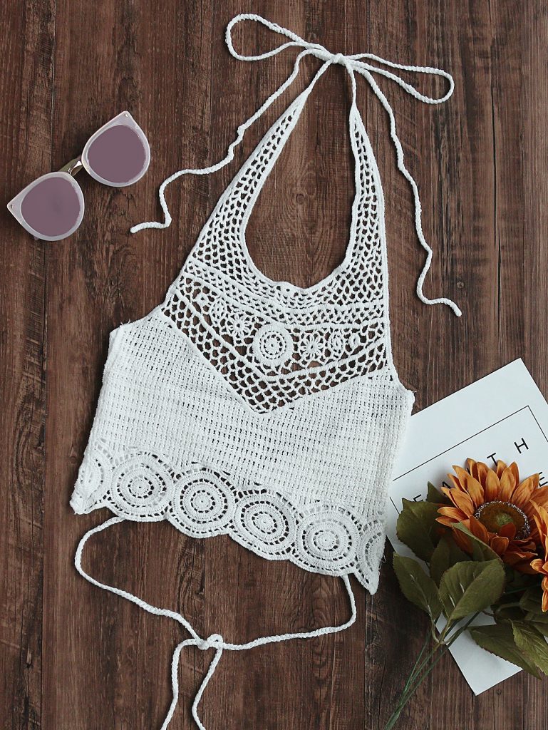 Hollow Out Crochet Tie Detail Crop Halter Top