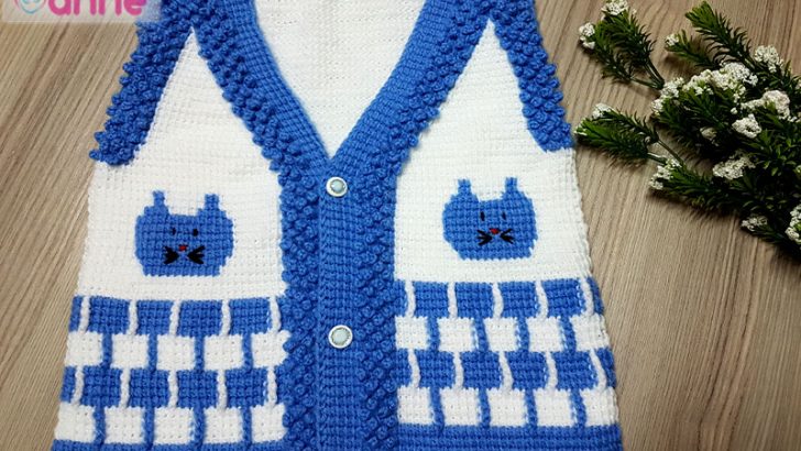 Knitted baby vest model handmade / Cat figured baby vest